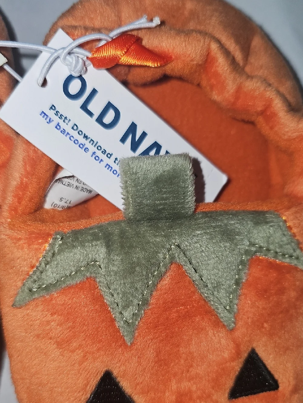 Old Navy Kid Medium 9/10 Orange PumpkinJack O'Lantern Plush Slip-On Slippers New